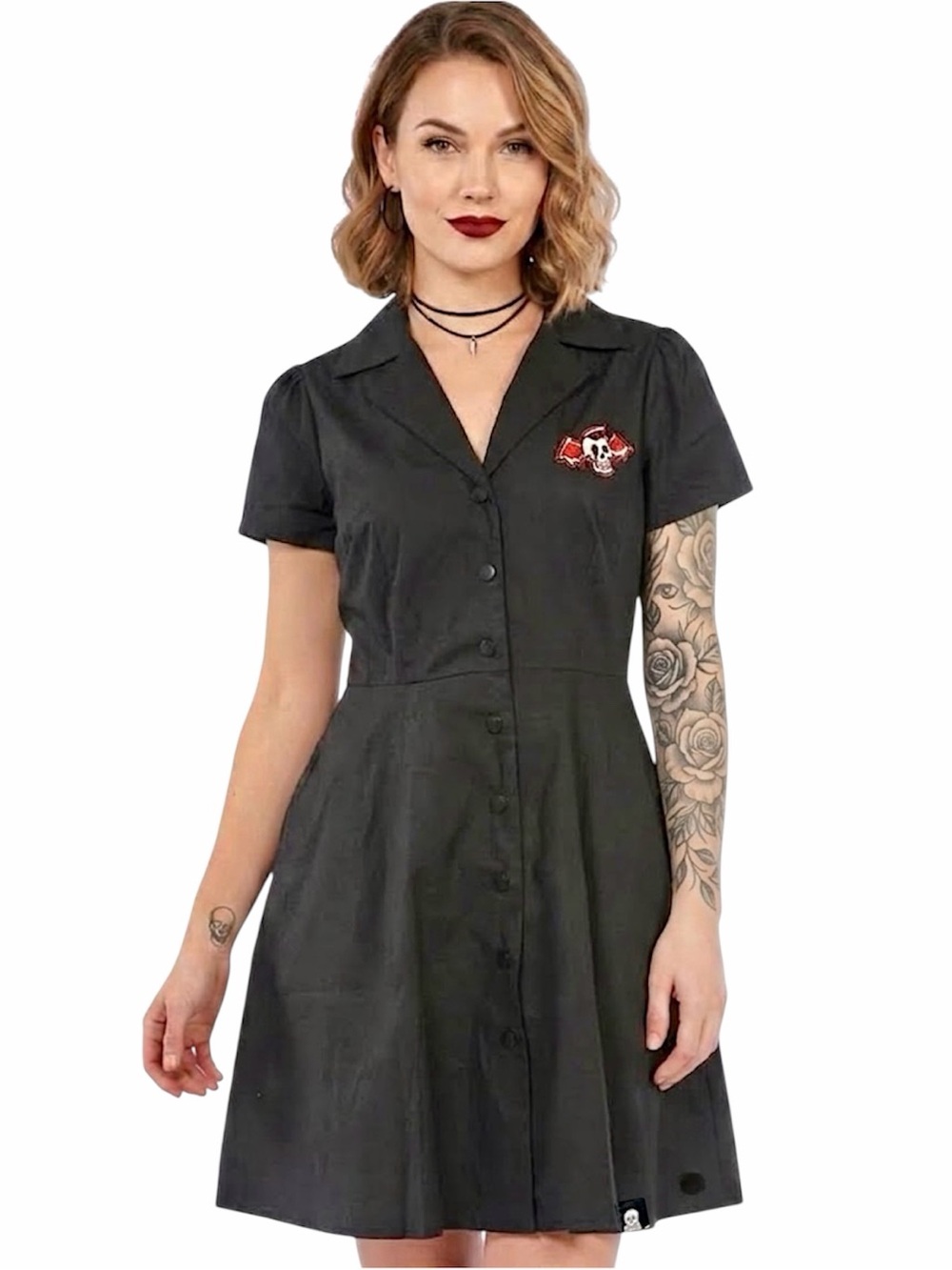 SOURPUSS dress black winged skull patch collared snap closure small NWOT